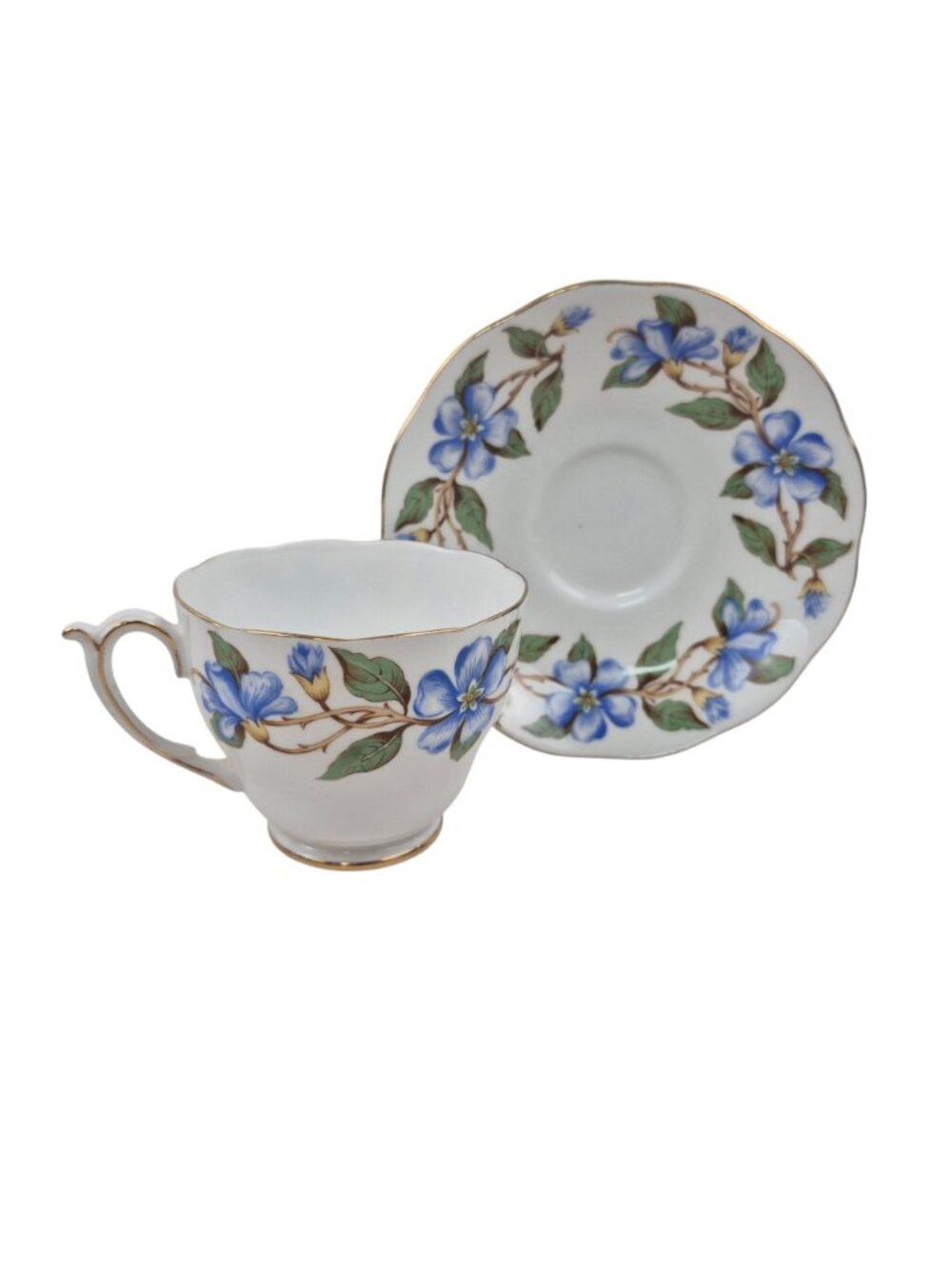 Roslyn Tea Cup Saucer Set Nu Era Periwinkle Blue Floral Bone China England - Picture 9 of 10